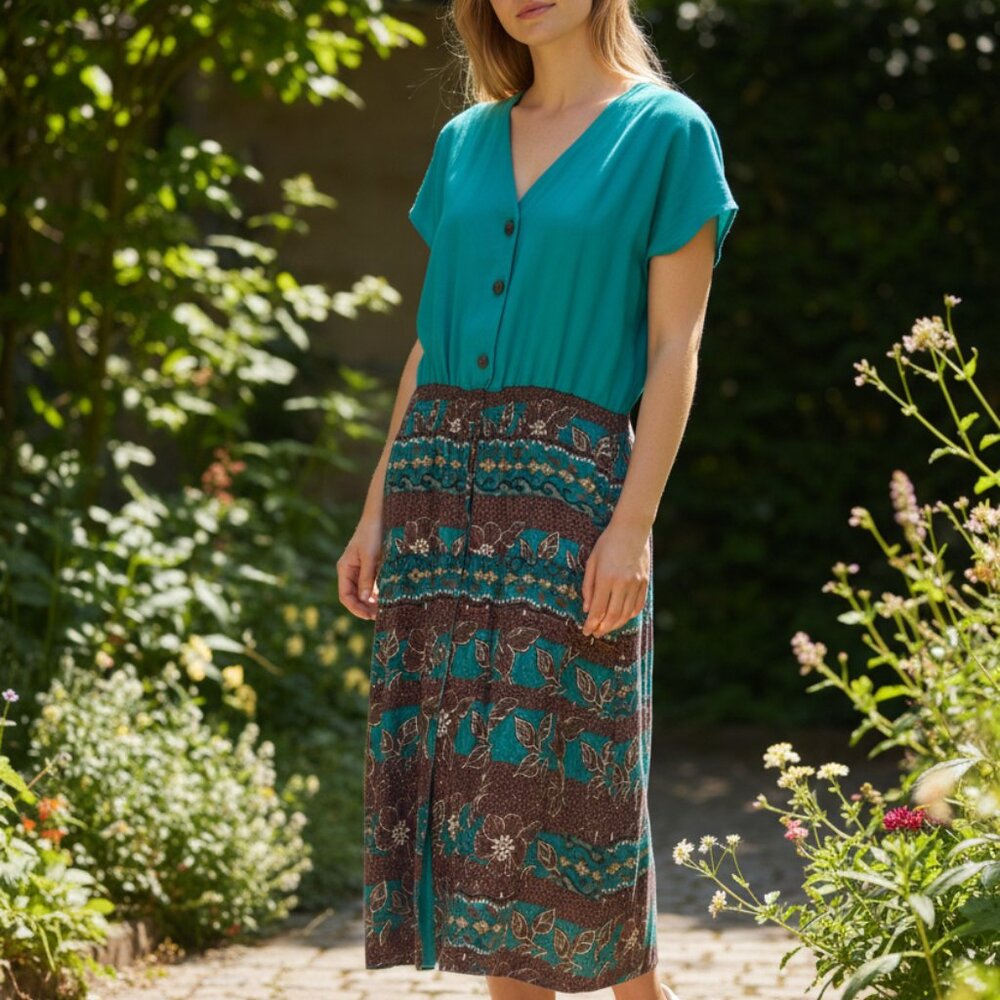 Blue and Green Buttoned V-Neck Midi Sundress